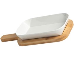 Keramische Ovenschaal - Bakvorm Lasagne - Cakes Bakken - Inclusief Houten Bodem - 20 x 12 cm - Wit