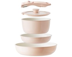 Keramische pannenset 5-delig met afneembare steel, roze - Ovenbestendig en inductie geschikt
