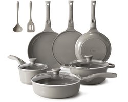 Keramische pannenset, inductie, pannenset, kookgerei, 11-delig, inductiepantenset met glazen deksel, PTFE-vrij, PFAS-vrij, geschikt voor alle warmtebronnen, vaatwasmachinebestendig (grijs)