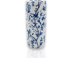 Keramische Paraplustandaard - Parapluhouder Standaard - Huis en Kantoor - Vintage Bladpatroon - 46 cm hoog - Blauw en wit