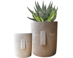 Keramische Plant Potten Set 2 Grijs en Wit - Gezicht Ontwerp Indoor Planters Container Gebruiksvoorwerp - Houder Bloempotten