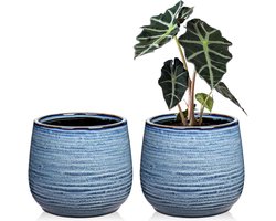 Keramische Plant Potten Set van 2 - 5.5" en 14CM met Drainage Gaten - Blauwe Tuin Pot voor Succulente Cactus - Decoratieve Bloempotten