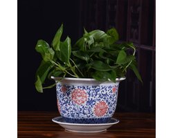 Keramische Plantenbak - Bloempot Porselein - Kamerplanten Verfraaien - Met Schotel Drainage - 19x28 Cm - Blauw Wit