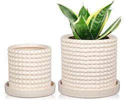 Keramische plantenpot wit met bubbels en drainagegaten - 15 cm + 11 cm - decoratieve bloempot voor binnen - cactus, slangenplant, kamerplant - bloempotten met kralenontwerp.