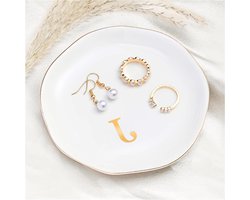 Keramische sieradendienblad met gouden initialen en witte decoratie - voor oorbellen, kettingen en meer