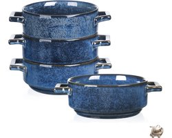 Keramische Soepkommen Set met Handvat - 710ml Porselein - Magnetron en Ovenbestendig - 4 Stuks - Voor Franse Uiensoep, Granen, Stoofschotels, Koude Soep, Pasta en Pasteitjes - Blauw