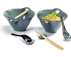 Keramische soepkommen - set van 2 ramenkommen met lepels, vorken en eetstokjes - noedelkommen voor granen, salade, soep - magnetronbestendig - 600 ml - groen