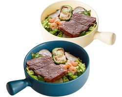 Keramische Soepmokken 660ml - Aardewerk Soepkommen Met Handvat - Kleurrijk Voor Goulash En Soepen - Ramen Kom - Met Handgrepen - Soepkommen - Marineblauw - Beige