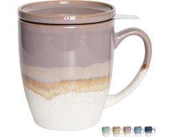 Keramische Theekop met Theesorteerder en Deksel - 16 Oz - 5 Kleuren - Geschikt voor Magnetron en Vaatwasser - Diepe Theemok met Zeef (Paars)
