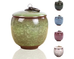 Keramische theepot: Een porseleinen theebus in vintagestijl met een oosters ontwerp, geschikt voor het bewaren van koffiebonen. Hij kan ook dienen als gedenkurn voor een huisdier of als decoratieve houder voor in de keuken. Kleur: Groen.