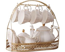 Keramische Theeset – 15-delig – Witte Serviesset met Metalen Standaard – Luxe Presentatie & Opslag
