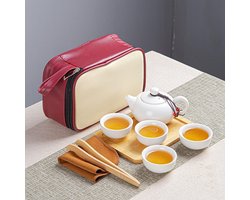 Keramische theeset - inclusief theepot en 4 kopjes - bamboe dienblad - multifunctioneel