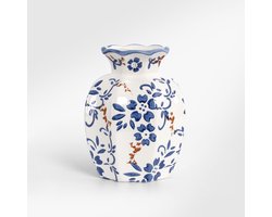 Keramische vaas - blauw-wit 15cm achthoekig shabby chic vintage landelijke woondecoratie rustieke bloemenvaas voor tafel en plank middenpunt