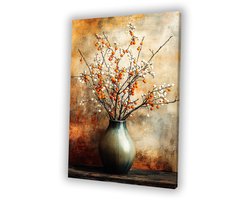 Keramische vaas met oranje bessen - Stilleven - Wandkunst bloemen - Wanddecoratie woonkamer - Muurdecoratie industrieel - Woonaccessoires - Canvas schilderij 100x150 cm