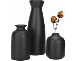 Keramische vaas, set van 3, creatieve vaas, moderne woondecoratie, decoratieve vazen voor pampasgras en gedroogde bloemen, voor woonkamers, tafels, boekenplanken, bruiloften, zwart, mat, kleine