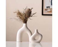 Keramische vaas voor pampasgras, witte vaas, moderne decoratieve vaas, boho-decoratiestijl, creatieve set van 2 vazen, bloemenvaas voor verse bloemen en gedroogde bloemen, decoratie, eettafel, kantoor, woonkamer, vensterbank decoratie