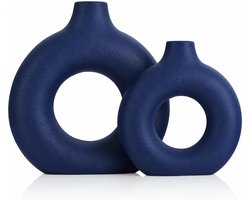 keramische vaas voor woondecoratie, minimalistische Scandinavische holle donutvaas set van 2, modern marineblauw decor voor keukentafel middelpunt, woonkamer, open haard, boekenplank