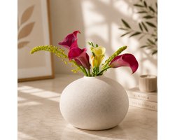 Keramische Vaas Wit - Handgemaakte Bolvormige Bloemenvaas met Zandtextuur en Waterdichte Binnenkant - Decoratieve Vaas voor Tafeldecoratie, Woonkamer en Kantoor