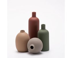 Keramische Vazen Set - Bloempotten Decoratief - Woonkamer Decoratie - Handgemaakt Keramiek - 12-17 cm Hoog - Rood Groen Bruin Grijs