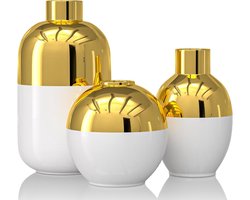 Keramische Vazen Set - Decoratie Vazen Goud - Woondecoratie - Handgemaakt Keramiek - Set van 3 - Wit en Goud