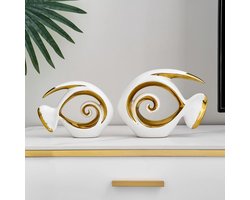 Keramische Vissculpturen - Abstracte Beelden - Woonkamer Decoratie - Set van 2 - 22 cm - Wit en Goud