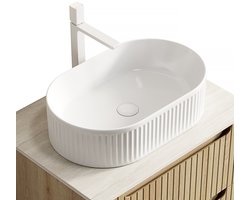 Keramische waskom - Opzetwastafel voor badkamer renovatie - 49 cm breed - Wit - Ovaal met geribbelde textuur - Krasvast en vlekbestendig - Zonder kraan en afvoer