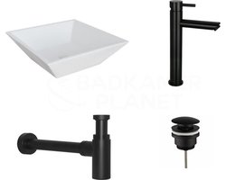 KERAMISCHE WASKOMSET TRENTO MAT ZWART OPBOUWKRAAN 38,5X38,5X12 CM