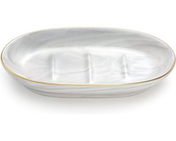 Keramische zeepbakje, make-up-dienblad, marmeren zeephouder met gouden rand, ovale zeephouder, organizer, zeeponderzetter, dienblad voor keuken, badkamer, wastafel, marmeren wit