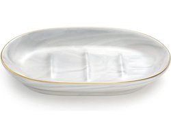 Keramische zeepbakje, make-up-dienblad, marmeren zeephouder met gouden rand, ovale zeephouder, organizer, zeeponderzetter, dienblad voor keuken, badkamer, wastafel, marmeren wit
