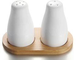 Keramische zout- en peperstrooierset met bamboe dienblad, 2 stuks, moderne witte zout- en peperstrooiers, schattige zoutstrooier-peperpotten voor landhuiskeuken, tafeldecoratie