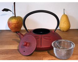 Kerst aanbieding,, mooie Gietijzeren Theepot in het rood-zwart geëmailleerd van binnen met libelle reliëf - 0,8 L ook te gebruiken als waterketel op uw houtkachel