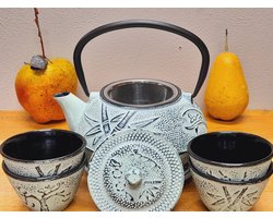 Kerst aanbieding,, mooie Gietijzeren Theepot set 0.8 L, kleur mint groen inclusief 4 kopjes van 100 ml en een onderzetter op kleur.