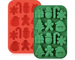 Kerst bakvormpjes - Siliconen Kerst Mal - 14 vormen - Kerstman - Kerstboom - Sneeuwpop - Kerstboom - Decoratie - Kerst - Kaarsen maken - Cake - Chocolade -Bakvorm - Chocolade Mallen - Rood en Groen - 2-pack