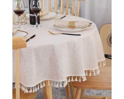 Kerst Beige Rond Tafelkleed - 150cm Linnen Wasbaar Katoenen Tafelkleed - Kreukvrij en Stofwerend met Kwastjes - Geschikt voor Keuken, Eetkamer, Eettafel, Salontafel, Tuintafel