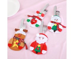 Kerst Bestekhouder - Kerst Kerstdecoratie - Tafel Bestek Zakjes Kerstdiner - Rendier, Kerstman, Sneeuwpop – 4 Stuks