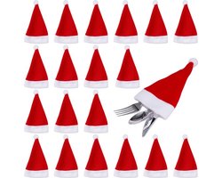 Kerst Bestekhouder - Kerstmutsen voor kerstman - zilverwerkhouders - Mini Kerstmutsen - 20 x Bestekhouder voor Kerstdagen - Wijnfles - kerstfeest - dinertafel - servies - decoraties - benodigdheden - bestek - decoratie - 12 x 6 cm - Rood Wit