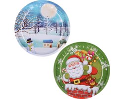 Kerst borden - 2x st - 26 cm - metaal - kerst thema -groen en blauw - kerstservies bordjes