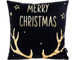 Kerst 'Christmas Reindeer' Kussenhoes | Katoen/Polyester | 45 x 45 cm | Zwart / Goud