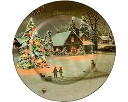 Kerst Decoratie Bord Huisje Met Kerstboom - Multicolor - Kunststof - Ø33cm - kerstmis - Merry Christmas