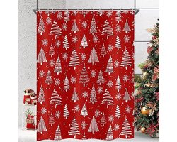 Kerst Douchegordijn 90 x 180 cm - Rood en Witte Kerstbomen, Waterdicht, Wasbaar en Inclusief Haken