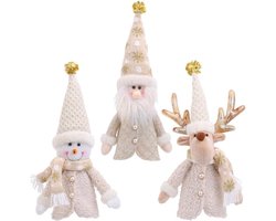 kerst figuur wijnfleshoes set - 3 stuks - beige crème kleur - polyester en stof materiaal - sneeuwman kabouter rendier ontwerp - hoge gebreide muts - geschikt voor kersttafel decoratie en feestelijke tafelsetting