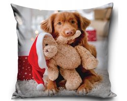 Kerst Kussenhoes 40x40cm Hondje Beer Kerstmuts Decoratief Fluweel