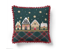 Kerst Kussenhoes 45x45cm - Peperkoekhuisje & Sterren - Feestelijk Deco
