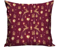 Kerst Kussenhoes Bordeaux Goud Rendier 40x40cm Microvezel