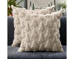 Kerst Kussenhoezen - Set van 2 - 45x45 cm - Beige - Zacht Pluche Faux Fur - Jacquard - Woondecoratie Bank Slaapkamer Feestdagen Winter