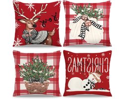 Kerst Kussenhoezen Set van 4, 45x45cm Decoratieve Kussens met Sneeuwman, Rendier en Kerstboom Print voor Woonkamer en Bankdecoratie
