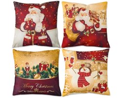 Kerst kussenhoezen set van 4, rood goud kerst kussenslopen 45x45 cm, kerstman sneeuwpop kussenslopen, kerst linnen sierkussenslopen voor kerstversiering winter thuis bank kerstdecoraties
