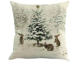 Kerst Kussensloop - Herten En Sneeuwman Print - Katoen Linnen Kussenhoes 45x45cm - Voor Bank Slaapkamer Woonkamer