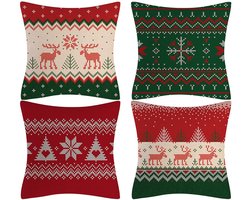 Kerst kussensloop - Set van 4 Decoratieve Kerst Kussenhoezen - 45x45 cm - Zachte Vierkante Sierkussens met Rits - Christmas Design