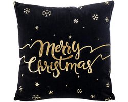Kerst 'Merry Christmas' Kussenhoes | Katoen/Polyester | 45 x 45 cm | Zwart / Goud